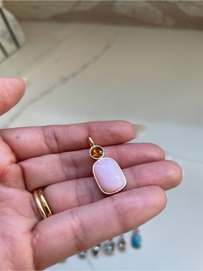Vintage-Style Amber Glass Resin & Pink Enamel Two-Stone Pendant, Gold Plated